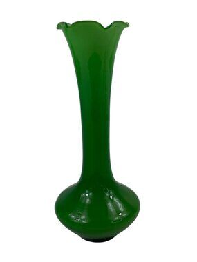 Vintage Green Glass Flower Vase With Ruffled Trumpet Rim